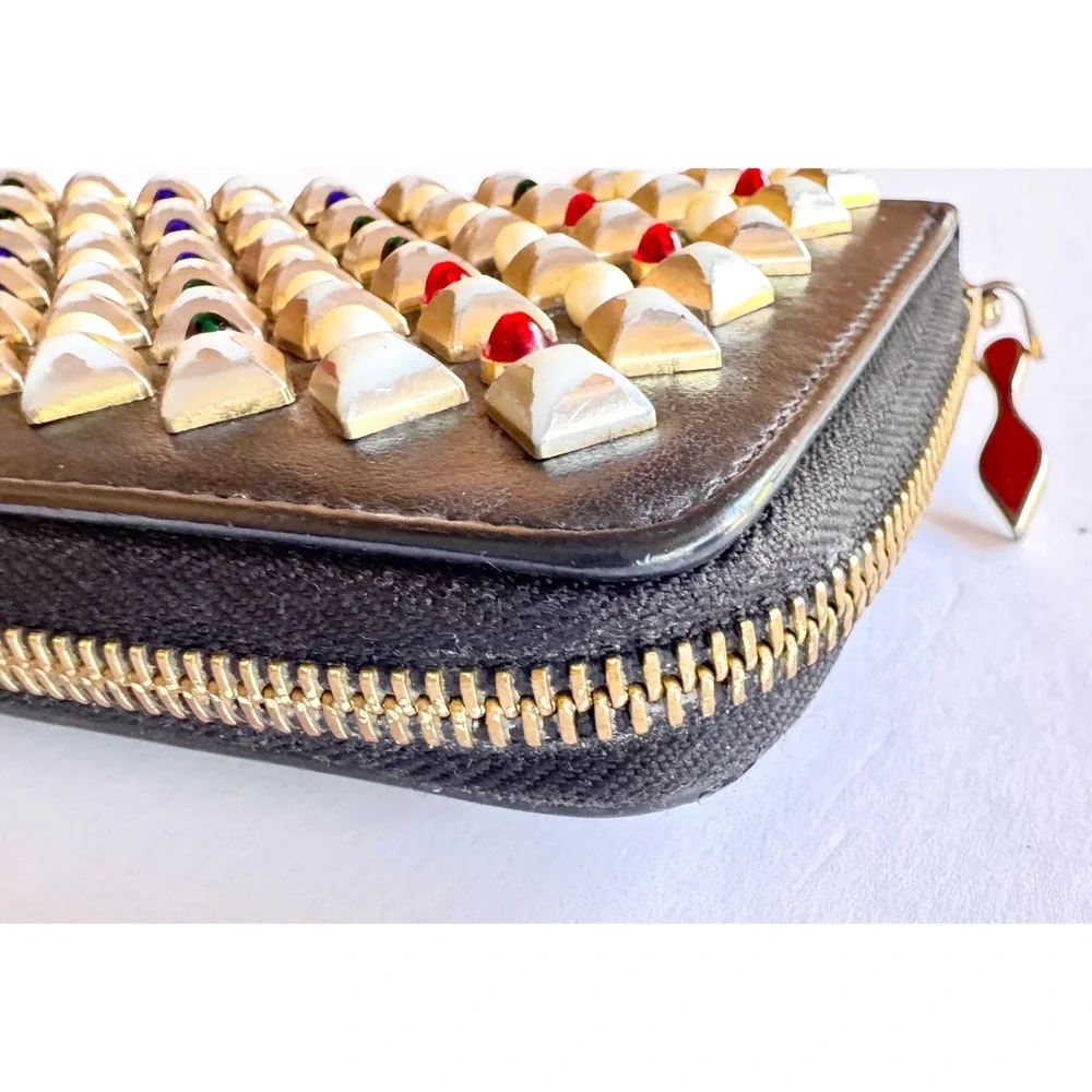 Christian Louboutin ‎ Studded Black Leather Zip Around Wallet Red Interior GUC